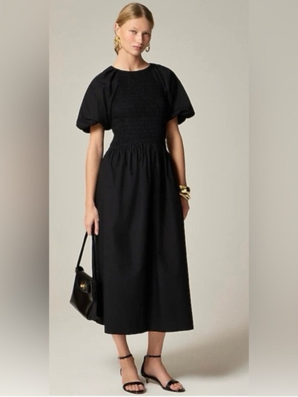 J. Crew Meadow Dress Black Cotton Poplin sz L Midi Smocked Bodice Puff Sleeves